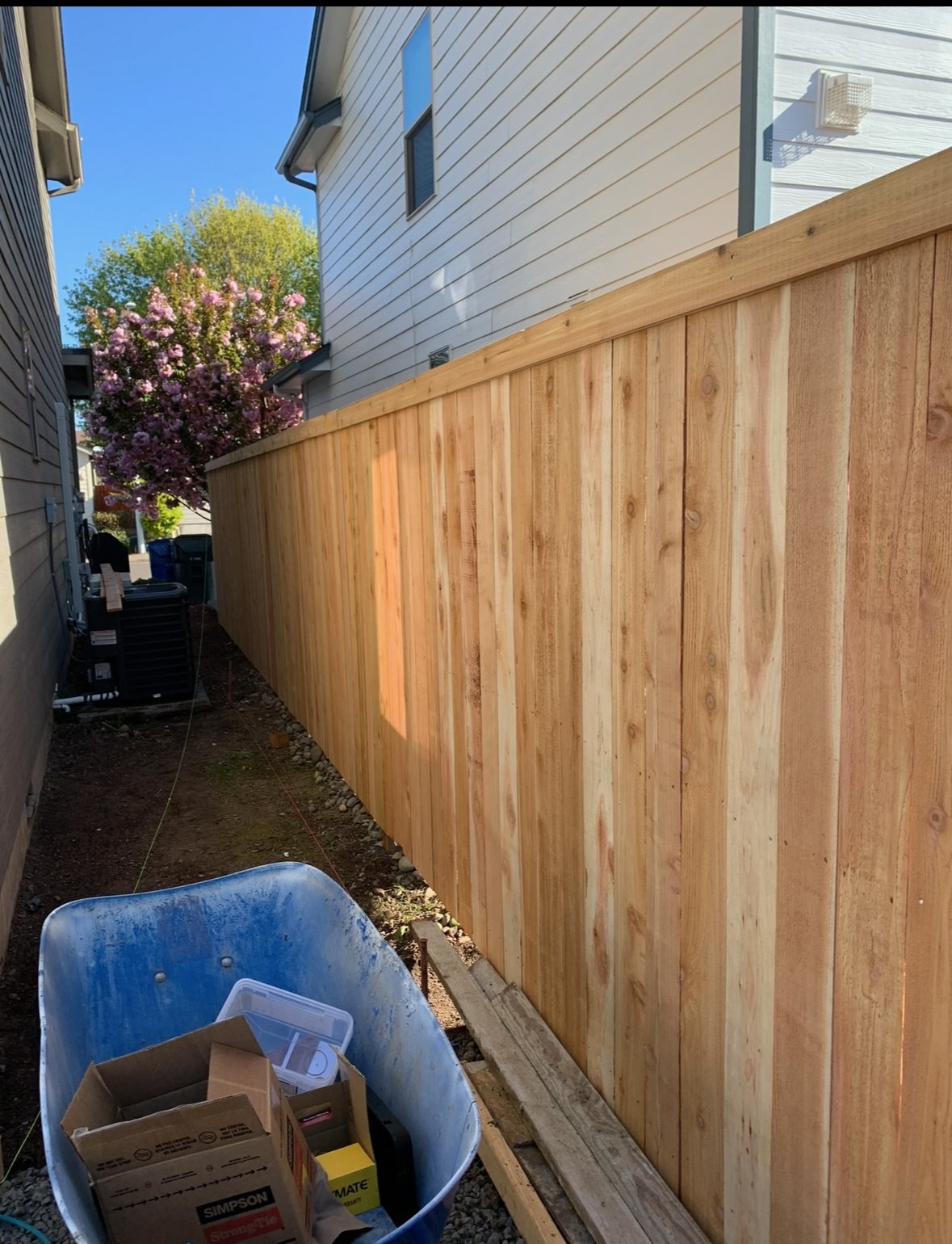 Cedar fence enclosing a side yard between two houses